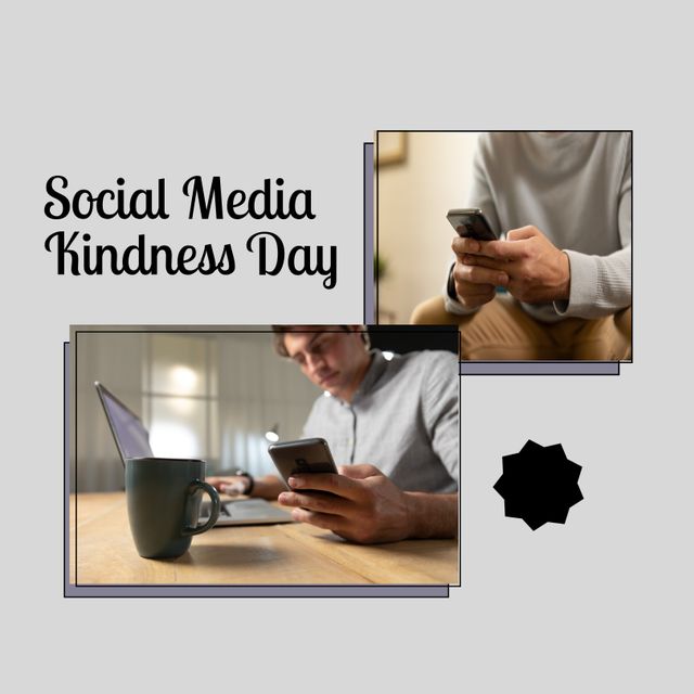 Caucasian men using smart phones with social media kindness day text in gray frame, copy space. Digital composite, raise awareness, being kind online, celebration, technology.