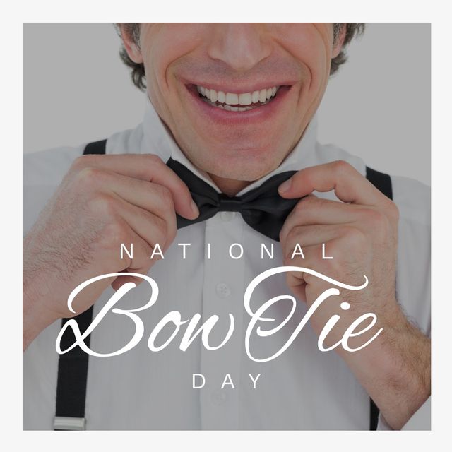 Composite of smiling caucasian man wearing black bowtie and national bow tie day text, copy space. Midsection, happy, menswear, fashion and elegance concept.
