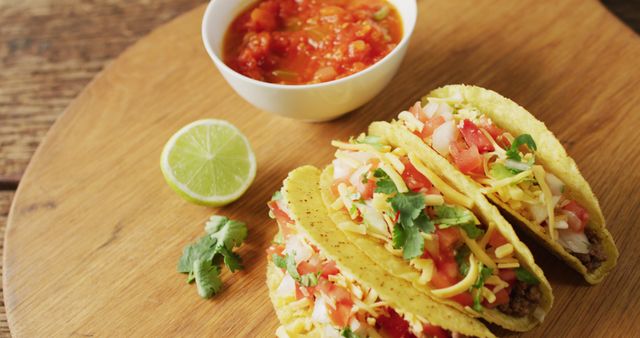 Image of freshly prepared tacos and bowl with sauce lying on board on wooden surface. cuisine, cooking, food preparing, taste and flavour concept.