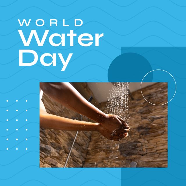 Composition of world water day text and woman washing hands on blue background. World water day, saving water and awareness concept digitally generated image.