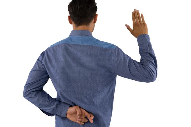 Rear view of businessman waving hand with crossed fingers - Download Free Stock Photos Pikwizard.com