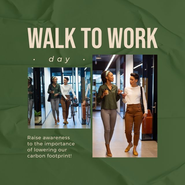 Composition of walk to work day text and women walking. Walk to work day and active lifestyle concept digitally generated image.