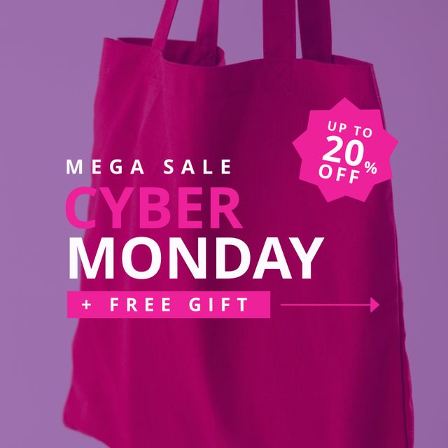 Square picture of cyber monday mega sale free gift text over red shopping bag. Cyber monday campaign.
