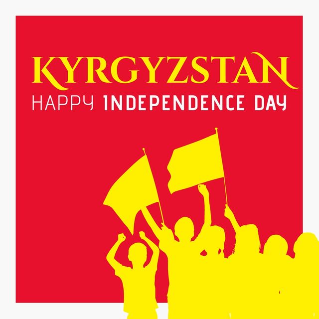 Illustration of people with flags and kyrgyzstan happy independence day text on red background. Copy space, togetherness, happy, yellow, patriotism, celebration, freedom and identity concept.