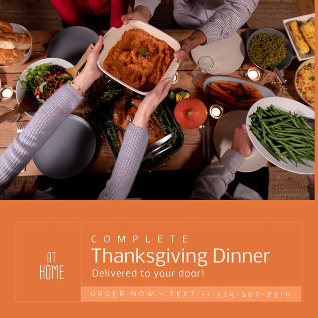 Composition of thanksgiving dinner text over caucasian family having dinner. Thanksgiving day and celebration concept digitally generated image.