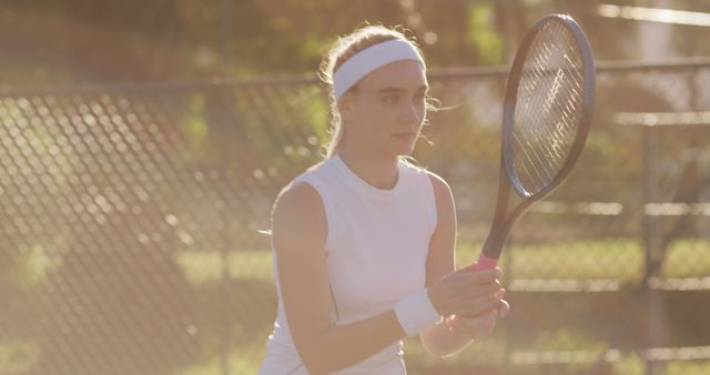 Image of focused caucasian female tennis player holding racket and hitting ball. professional tennis training, sport and competition concept.