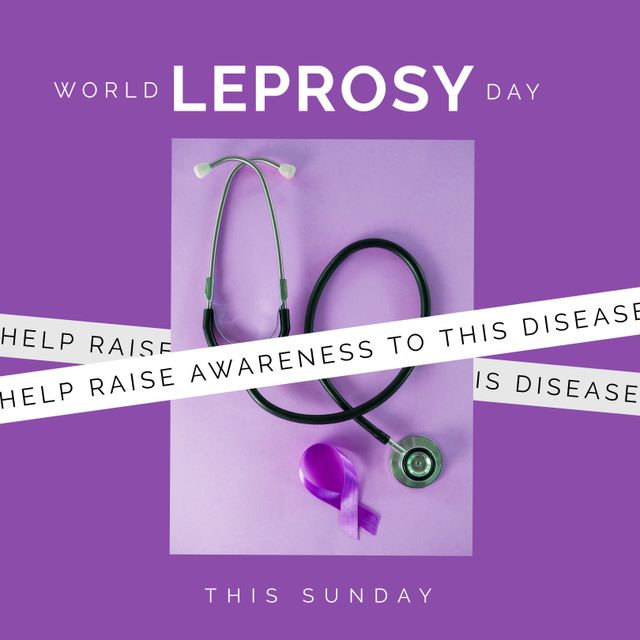 Composition of world leprosy day text over stethoscope and ribbon. World leprosy day and celebration concept digitally generated image.