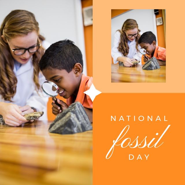 Collage of caucasian female teacher showing object to biracial boy holding magnifying glass. Paleontology, analyzing, student, school, exploring, discovery, scientific, national fossil day.