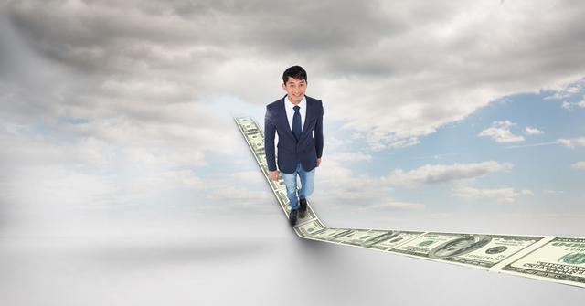 Digital composite of Young businessman walking on dollar notes against sky