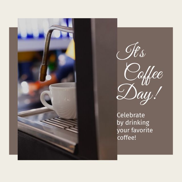 Image of its coffee day over coffee machine and cup. Coffee, beverage, breakfast and stimulation concept.
