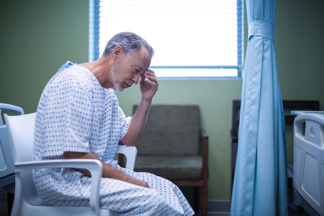 Sad patient sitting on chair with hand on head - Download Free Stock Photos Pikwizard.com