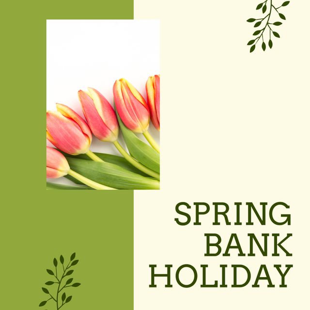 Composite of pink tulips with green leaves and happy spring bank holiday, this monday text. Copy space, illustration, nature, summer, enjoyment and holiday concept.