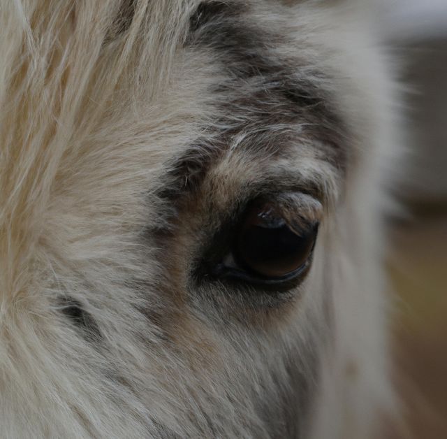 Close up of brown and white pony grazing on meadow. Nature, harmony and animals concept.