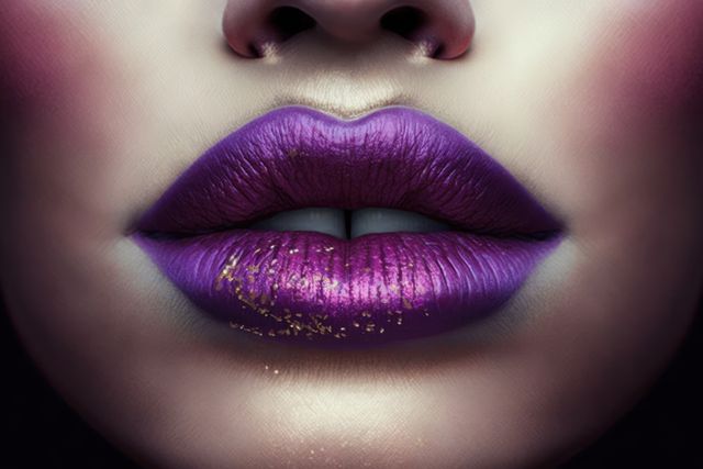 Close up of female lips with metallic purple lipstick, created using generative ai technology. Female face, make up and beauty concept digitally generated image.