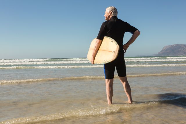 Rear view of senior man in wet suit carryig surfboard - Download Free Stock Photos Pikwizard.com