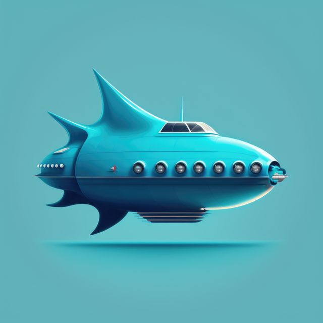 Blue spaceship flying on blue background, created using generative ai technology. Space travel and outer space concept digitally generated image.
