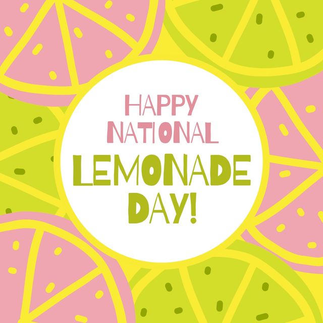 Illustration of happy national lemonade day text with purple and green lemon slices, copy space. Vector, citrus fruit, yellow, drink, support, business, charity and celebration concept.