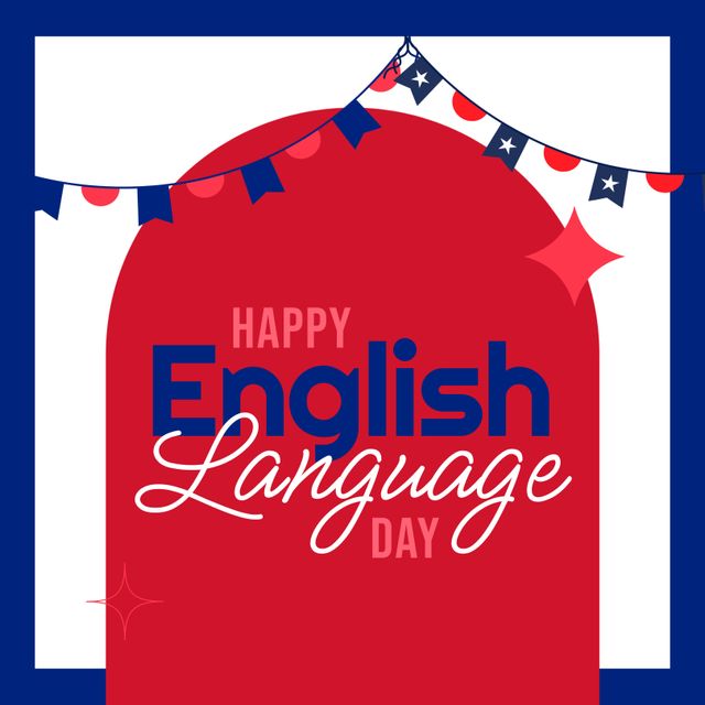 Composition of english language day text with bunting over red, blue and white backgorund. English language day and learning concept digitally generated image.