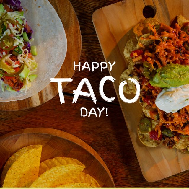 Composition of happy taco day text with tacos on table. National taco day and celebration concept digitally generated image.