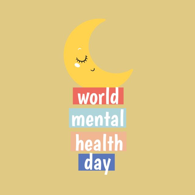 Composition of world mental health day text with moon icon on beige background. Mental health day and celebration concept digitally generated image.