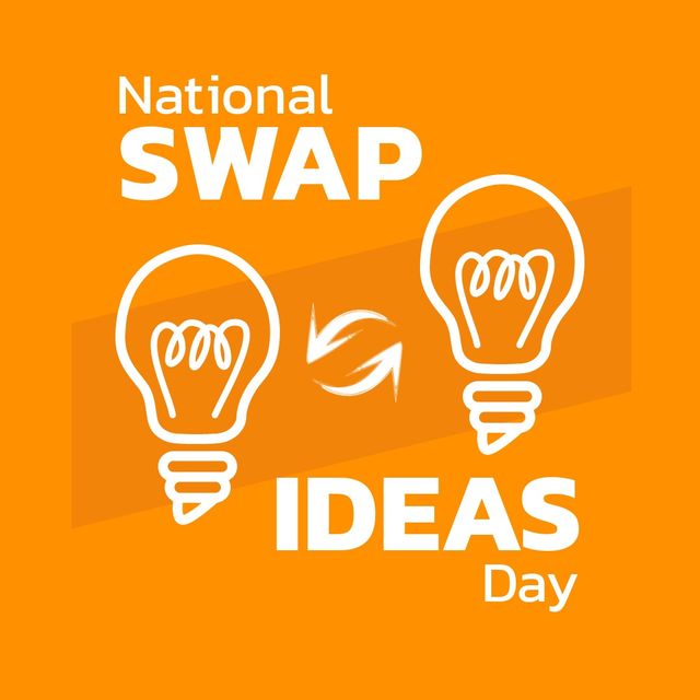 Illustration of light bulbs with arrows and national swap ideas day text on yellow background. Copy space, vector, thoughts, brainstorming, exchanging, potential and holiday concept.