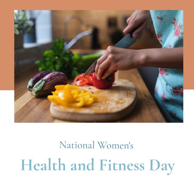 Digital image of cropped biracial woman cutting red bell pepper, women's health and fitness day. Copy space, exercise, support, healthcare, awareness and celebration concept.