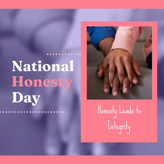 Composite of national honesty day, honesty leads to integrity text and diverse couple holding hands. Hand, love, together, holiday, encourage, communication, relations and celebration concept.