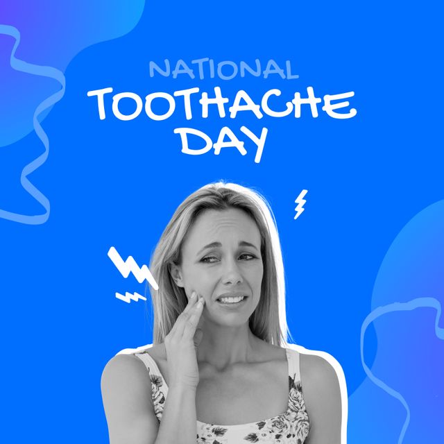 Composition of national toothache day text over caucasian woman with toothache. Toothache day and celebration concept digitally generated image.