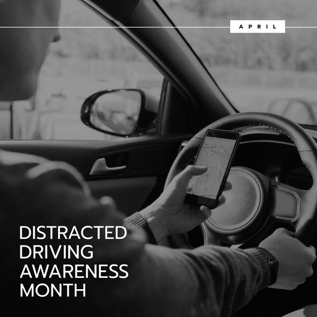 Animation of distracted driving awareness month text on grey background with copy space. Distracted driving awareness month concept digitally generated image.