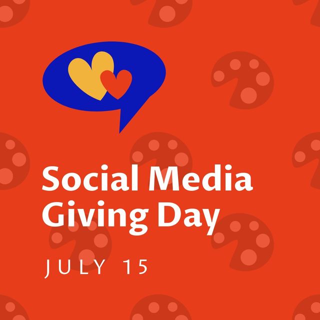 Illustration of social media giving day july 15 text with heart shapes on red pattern background. vector, fundraising, charity, social media, donation.