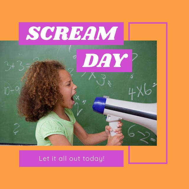 Composition of scream day text over biracial girl screaming through megaphone. Scream day, expression and emotions concept digitally generated image.