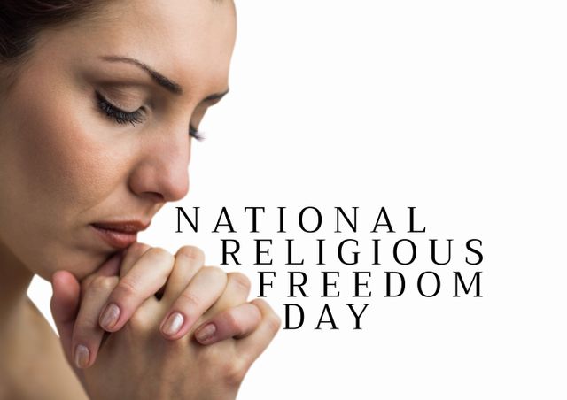 Caucasian young woman with eyes closed and clasped hands praying against white background - Download Free Stock Photos Pikwizard.com