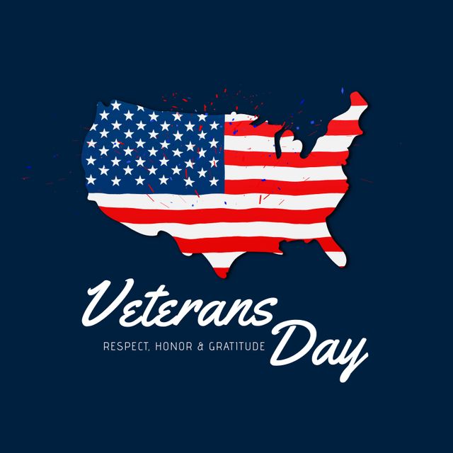 Composition of veterans day text with map of flag of united states of america. American veterans, patriotism, democracy and armed forces concept digitally generated image.