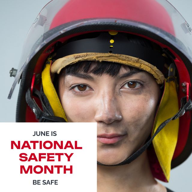 Composition of national safety month text over asian female firefighter wearing safety helmet. National safety month, safety at workplace and health and safety concept digitally generated image.