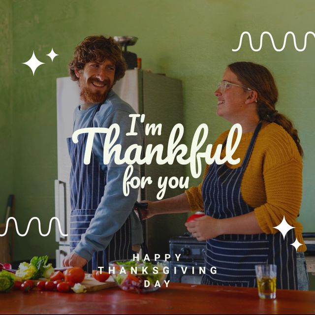 Composition of happy thanksgiving day text over caucasian couple cooking. Thanksgiving day and celebration concept digitally generated image.