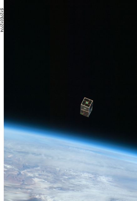 S127-E-012774 (30 July 2009) --- Backdropped by Earth?s horizon and the blackness of space, a Dual RF Astrodynamic GPS Orbital Navigator Satellite (DRAGONSat) is photographed after its release from Space Shuttle Endeavour?s payload bay by STS-127 crew members. DRAGONSat will look at independent rendezvous of spacecraft in orbit using Global Positioning Satellite data. The two satellites were designed and built by students at the University of Texas, Austin, and Texas A&M University, College Station.