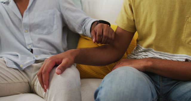 Midsection of mixed race gay male couple holding hands sitting on sofa - Download Free Stock Photos Pikwizard.com