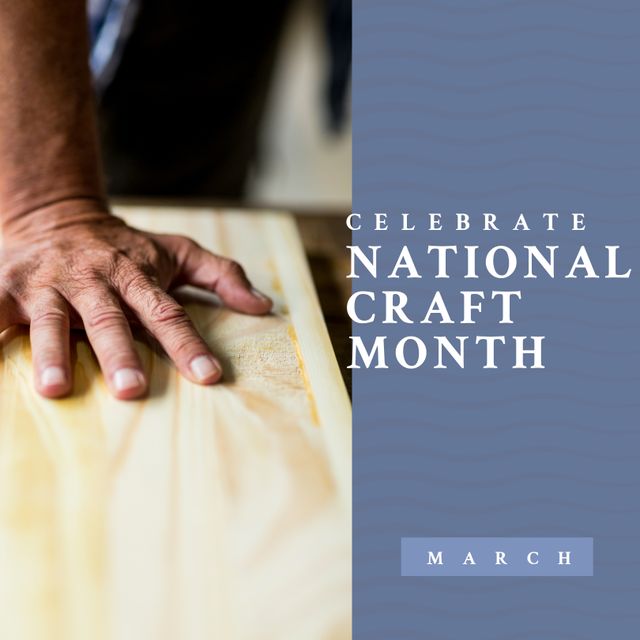 Composition of national craft month text and woman's hands cutting leather. National craft month and crafts concept.