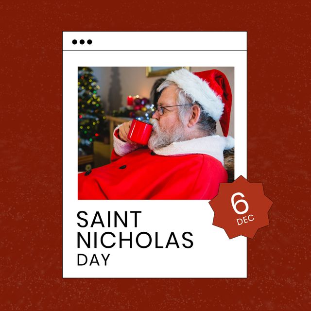 Caucasian senior man in santa costume drinking coffee at home and saint nicholas day with 6 dec text. Composite, drink, copy space, feast, christianity, tradition and celebration concept.