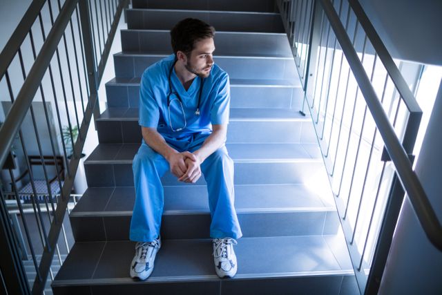 Thoughtful male nurse sitting on staircase - Download Free Stock Photos Pikwizard.com