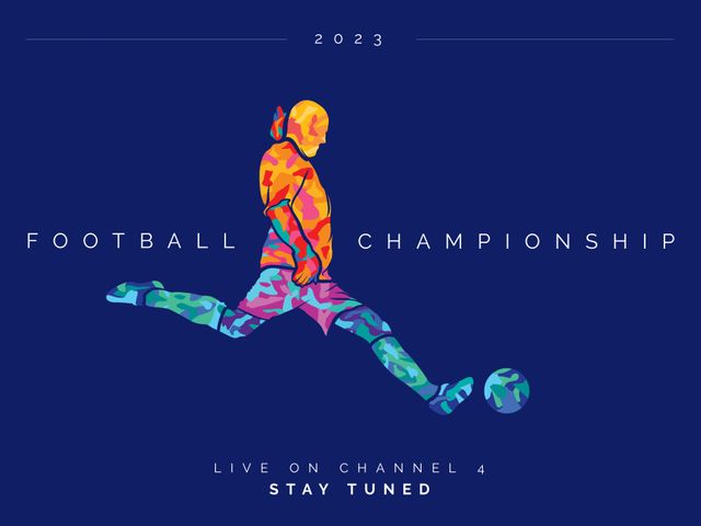Composition of football championship text with football player silhouette on blue background. Football posts concept digitally generated image.