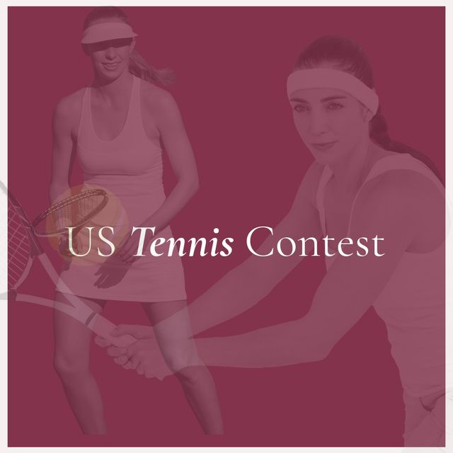 Collage of caucasian young woman playing tennis and us tennis contest text on pink background - Download Free Stock Templates Pikwizard.com