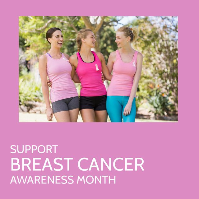 Image of breast cancer awareness month over pink background and fit caucasian female friends - Download Free Stock Templates Pikwizard.com