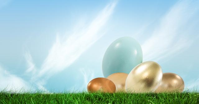 Digital composite of Easter Eggs in front of blue sky