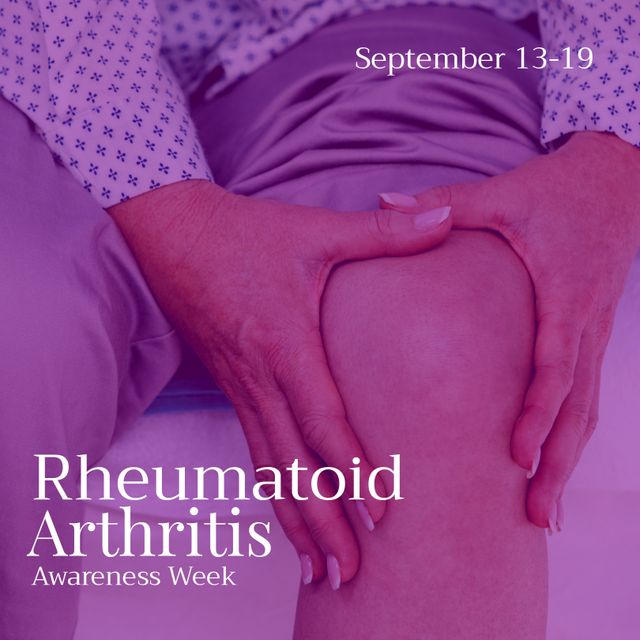Caucasian woman with knee pain with september 13-19 and rheumatoid arthritis awareness week text. Midsection, composite, pain, disease, joints, autoimmune, healthcare, awareness and prevention.