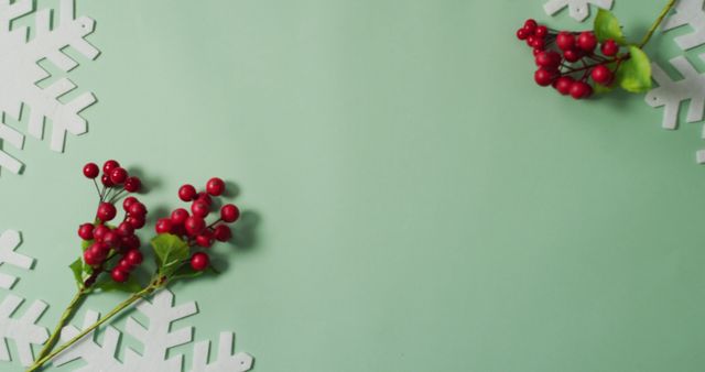 Image of christmas leaf and red berry decorations with snowflake patterns and copy space on green - Download Free Stock Photos Pikwizard.com