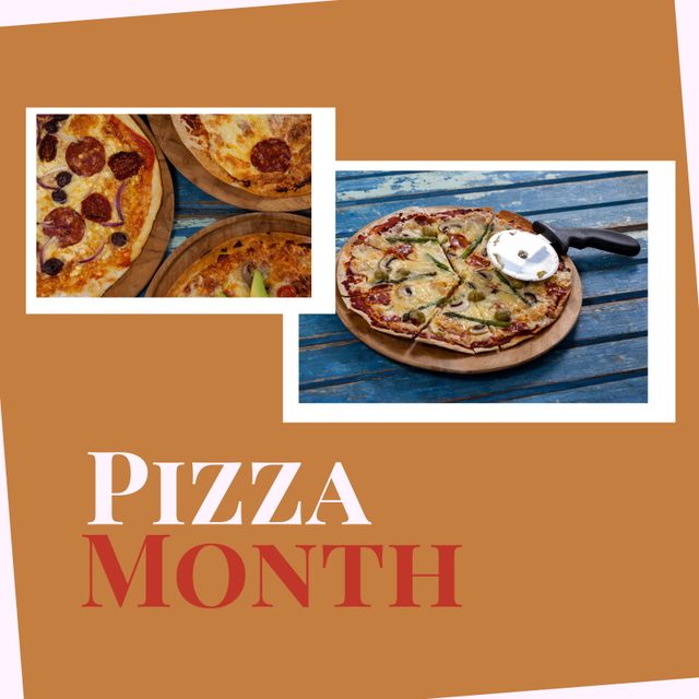 Digital composite image of mouthwatering pizzas served with pizza month text, copy space. Celebration, explore pizza and its different flavors, fast food, national pizza month, food.