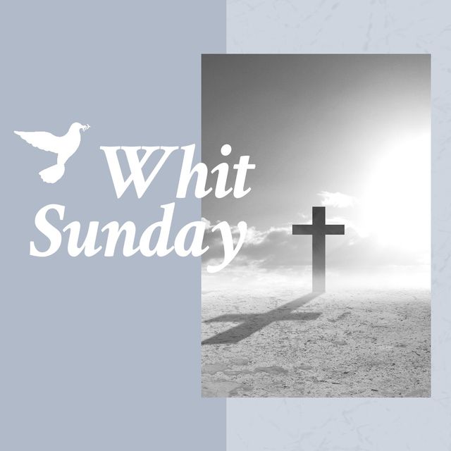 Digital composite image of white dive symbol by whit sunday text and cross over colored background. symbolism, and religion concept.