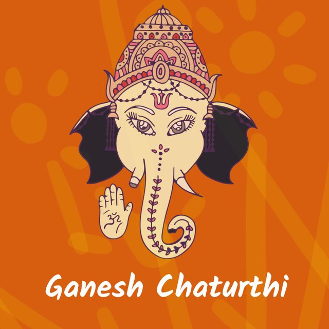 Illustration of lord ganesha and ganesh chaturthi text with scribbles against orange background. Copy space, vector, hindu festival, indian culture, tradition and celebration concept.