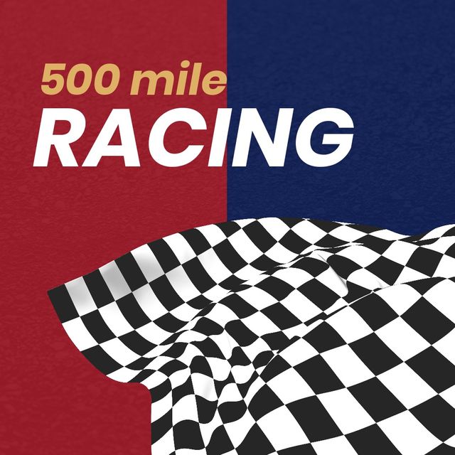 Digitally generated image of 500 mile racing text over checkered flag on red and blue background. transportation, sports race and competition concept.